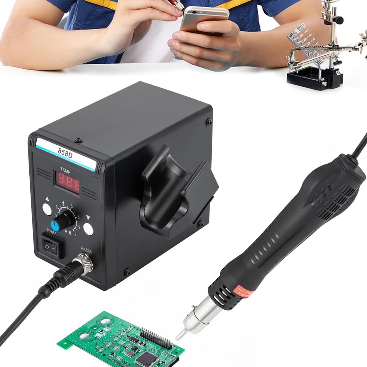 858D Hot Air Rework Station for Electronics Repairing Desoldering Welding, 220V SMD Soldering Station with Hot Air Gun+3 Nozzles