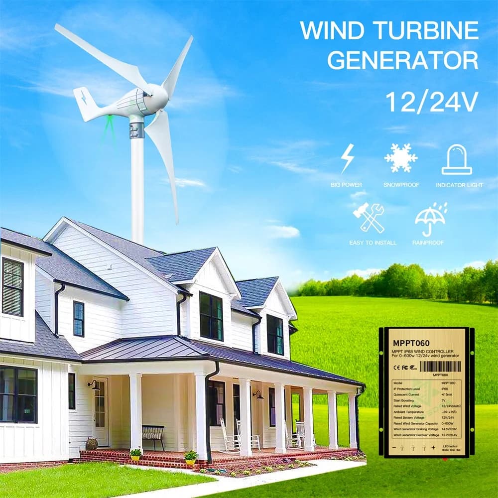 600W Windmill 2m/s Low Start Speed AC12V With MPPT Controller Flexibly Assemble 3 or 5 Blades  Wind Turbine Generator With LED