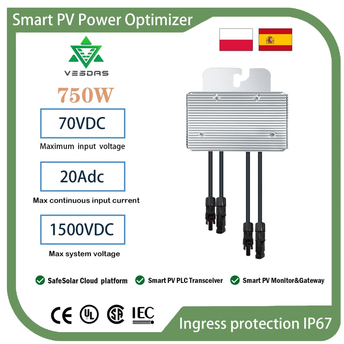 750W Smart PV Power Optimizer 70V DC Input 20A DC IP67 Real-time Solar Panel Monitoring Anti-Hotspot Anti-lightning Protection