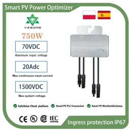 750W Smart PV Power Optimizer 70V DC Input 20A DC IP67 Real-time Solar Panel Monitoring Anti-Hotspot Anti-lightning Protection
