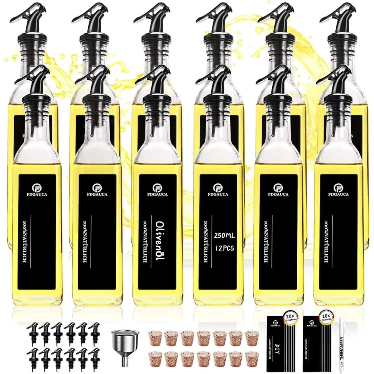 6/12-Pack 250ml Glass Oil & Vinegar Dispenser Bottles | High Clarity with Black Labels, Leakproof Kitchen Storage for Liquids