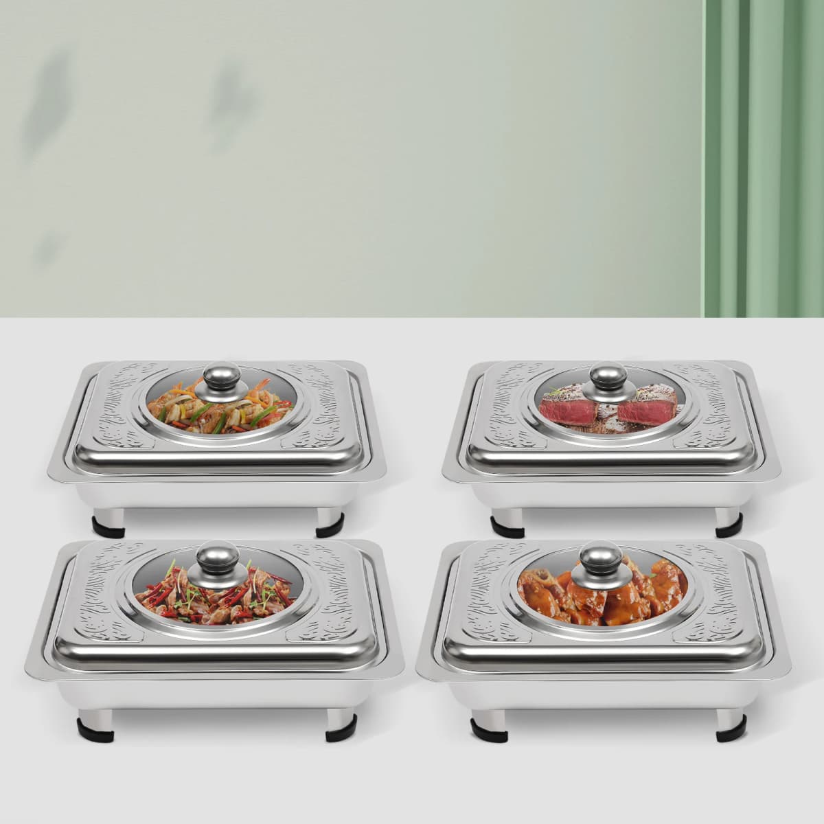 4 Pcs Chafer Pan Buffet Tray with Lid Chafing Trays Rectangular Chafing Dish Warmer Pan Tray Chafer