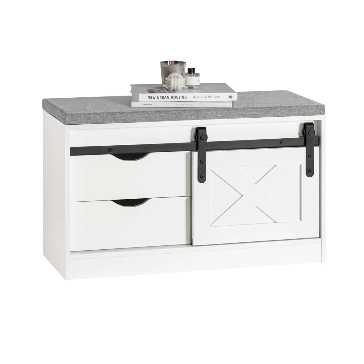 Sobuy Fsr153-W Shoe Bench with Seating Surface Narrow Seating Bench with Storage Plank Bench with Sliding Doors Shoe Chest Seating Dresser