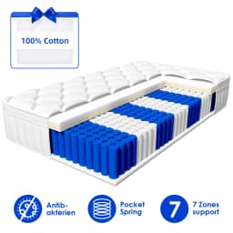 AUTHMIC 7-Zone Pocket Spring Mattress 25cm Thick Medium Firm Hybrid Breathable Anti-Mite Noiseless Bed for Adults Sleep Support