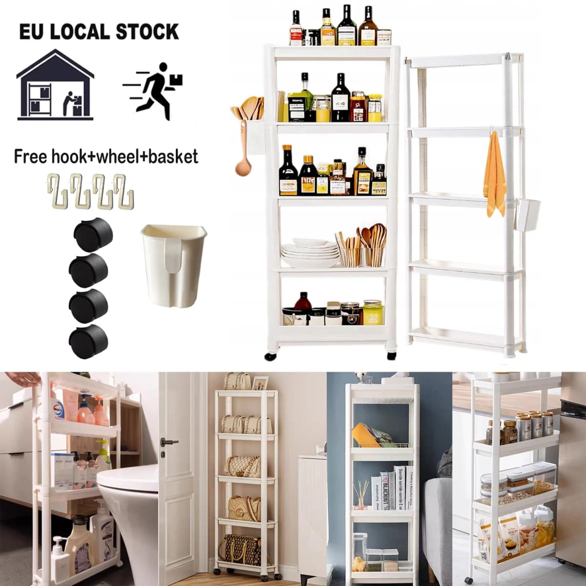 Slim Rolling Storage Cart 5 Layers  9cm/13cm Organizer Mobile Shelving Unit for Kitchen Office Bathroom Laundry Narrow Places