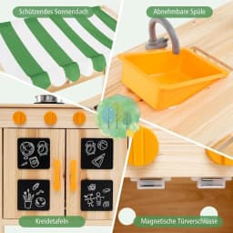 Children's Outdoor Mud Kitchen, Fir Wood with Canopy & Removable Sink & 4 Cooking Hobs & Boards,for Children from 3 Years