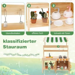 Children's Outdoor Mud Kitchen, Fir Wood with Canopy & Removable Sink & 4 Cooking Hobs & Boards,for Children from 3 Years