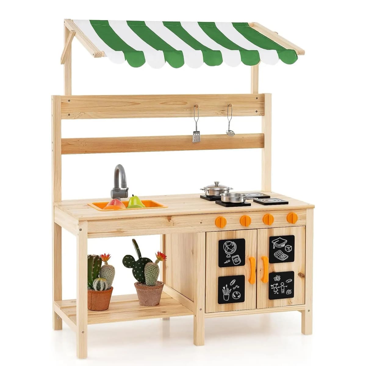 Children's Outdoor Mud Kitchen, Fir Wood with Canopy & Removable Sink & 4 Cooking Hobs & Boards,for Children from 3 Years