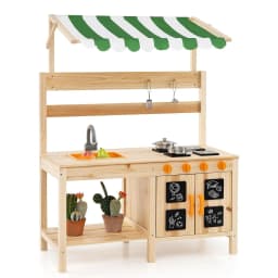 Children's Outdoor Mud Kitchen, Fir Wood with Canopy & Removable Sink & 4 Cooking Hobs & Boards,for Children from 3 Years