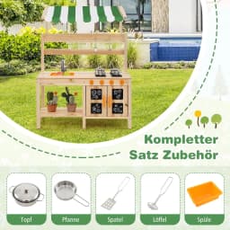 Children's Outdoor Mud Kitchen, Fir Wood with Canopy & Removable Sink & 4 Cooking Hobs & Boards,for Children from 3 Years