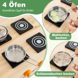 Children's Outdoor Mud Kitchen, Fir Wood with Canopy & Removable Sink & 4 Cooking Hobs & Boards,for Children from 3 Years