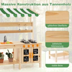 Children's Outdoor Mud Kitchen, Fir Wood with Canopy & Removable Sink & 4 Cooking Hobs & Boards,for Children from 3 Years
