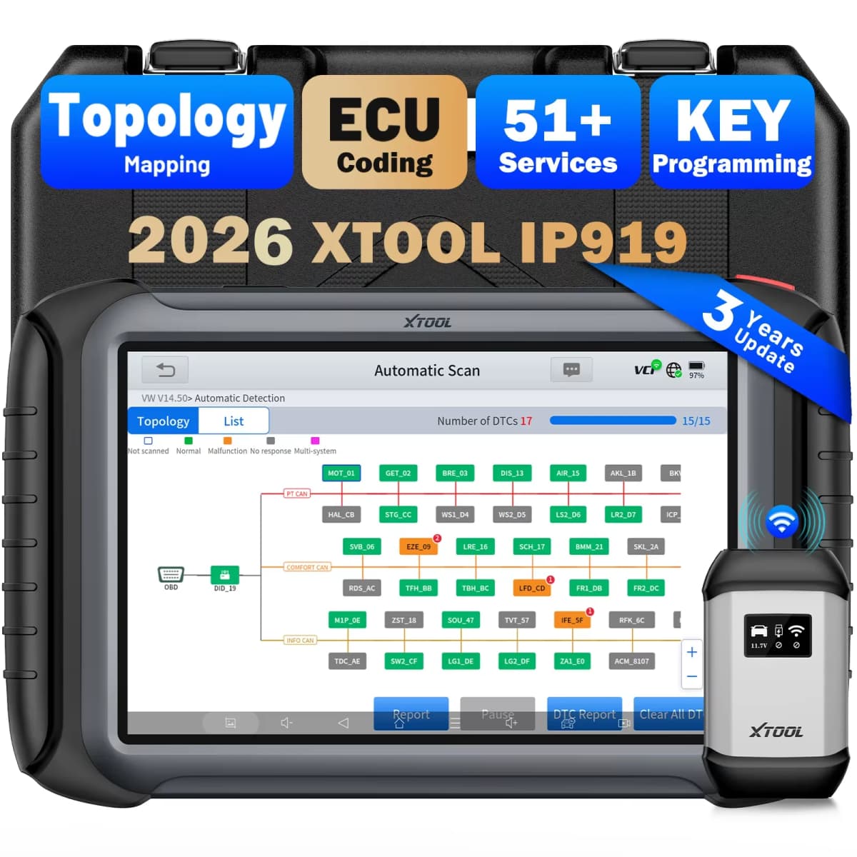 XTOOL IP919 Bluetooth Car Diagnostic Tool ECU Coding 42+ Resets Key Programming Automotive Scanner Topology Map DOIP CANFD FCA