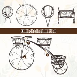 Metal Plant Stand, Bicycle Design, Flower Rack with 3 Baskets, Flower Stand with Decorative Wheels (Bronze)