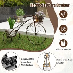 Metal Plant Stand, Bicycle Design, Flower Rack with 3 Baskets, Flower Stand with Decorative Wheels (Bronze)