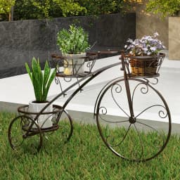 Metal Plant Stand, Bicycle Design, Flower Rack with 3 Baskets, Flower Stand with Decorative Wheels (Bronze)