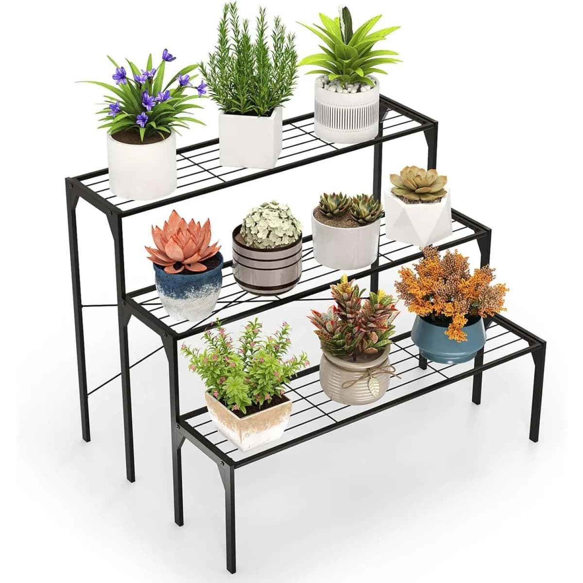 3-Tier Metal Flower Stairs, Flower Shelf, Plant Stand, Plant Shelf, Plant Stairs, Plant Pots, Load Capacity up to 30 kg,Black