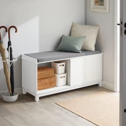 SoBuy FSR86-W storage bench with upholstered cushion, low cabinet, entryway, shoe chest of drawers, with 2 sliding doors
