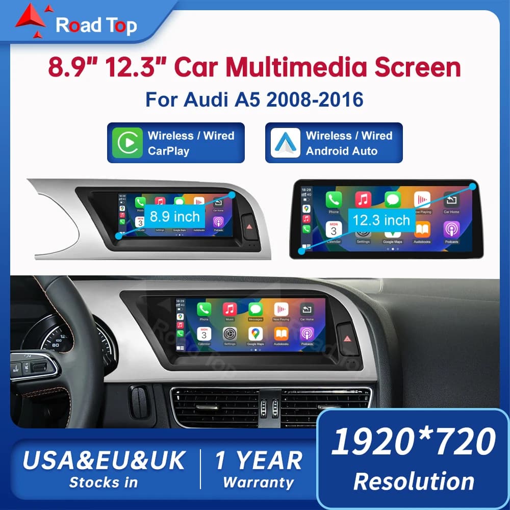 8.9 Inch 12.3'' Touch Display For Audi A5 S5 2008-2016 GPS Carplay Screen Car Play Multimedia Player Andriod Auto Link