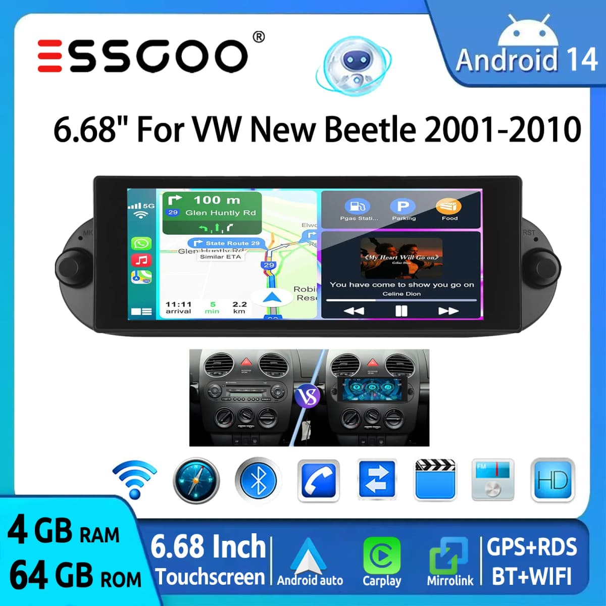 ESSGOO 64G 7" Android 14 Car Stereo Radio For VW Beetle 01-10 Carplay Android Auto GPS Navi FM WiFi BT SWC Mirror Link Head Unit