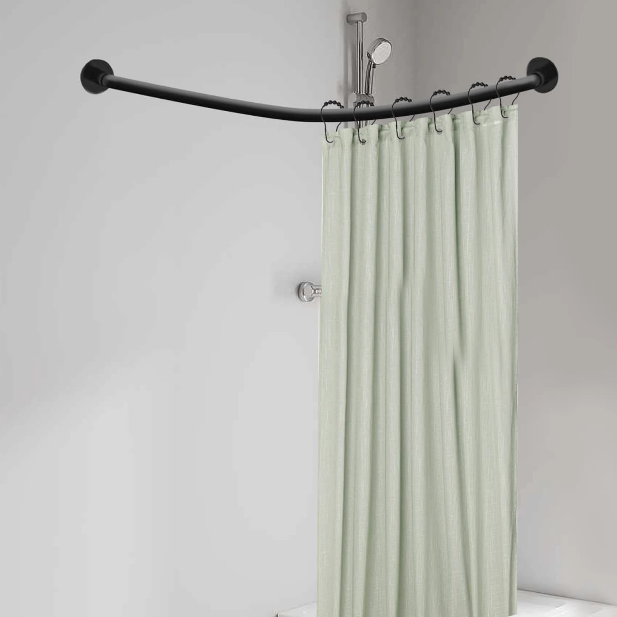 Shower Curtain Rail L Shape No Drilling Shower Rail Corner Bathtub Stainless Steel Telescopic Rod with Shower Curtain Rings