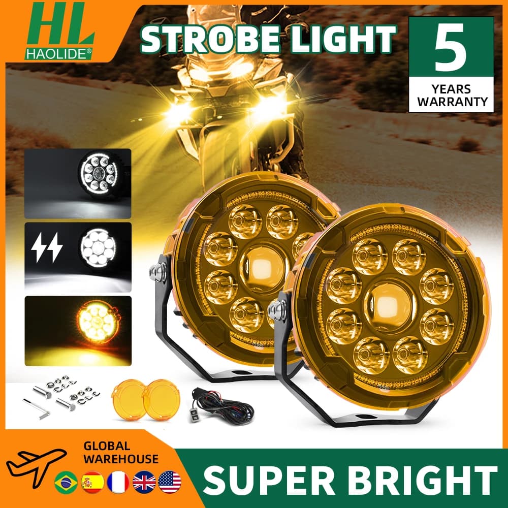 HAOLIDE 5inch Motorcycle Auxiliary Lamp External Spotlight Strobe 12V 24V For BMW R1200 GS R1250GS 1250LC ADV k1600B Amber DRL