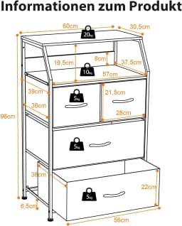 Chest of Drawers with 4 Drawers, Sideboard with 4 Foldable Fabric Drawers & Metal Frame, for Living Room,Bedroom,60 x 39 x 96 cm
