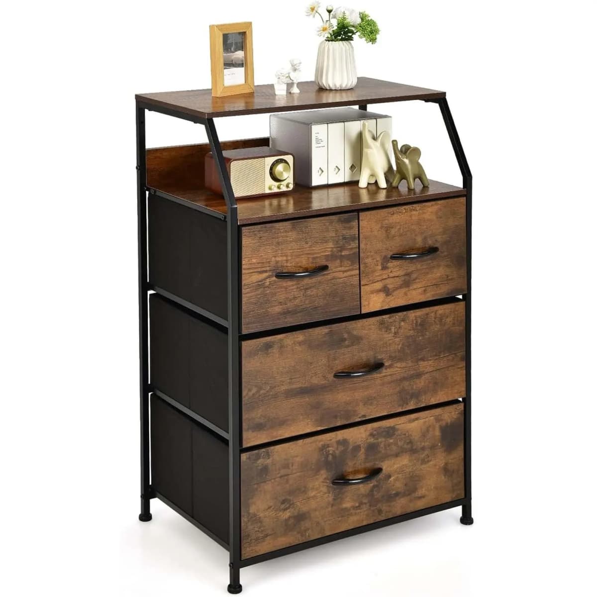 Chest of Drawers with 4 Drawers, Sideboard with 4 Foldable Fabric Drawers & Metal Frame, for Living Room,Bedroom,60 x 39 x 96 cm