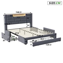 Lazyspace Velvet Double Bed with 3 Storage Drawers,140/160x200cm, Headboard with LED and Charging Port, Wooden Slat Frame