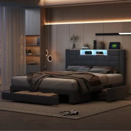 Lazyspace Velvet Double Bed with 3 Storage Drawers,140/160x200cm, Headboard with LED and Charging Port, Wooden Slat Frame