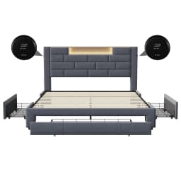 Lazyspace Velvet Double Bed with 3 Storage Drawers,140/160x200cm, Headboard with LED and Charging Port, Wooden Slat Frame