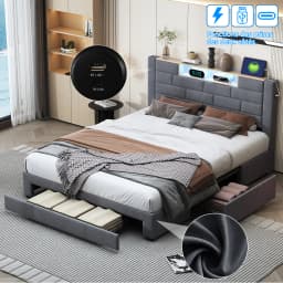Lazyspace Velvet Double Bed with 3 Storage Drawers,140/160x200cm, Headboard with LED and Charging Port, Wooden Slat Frame
