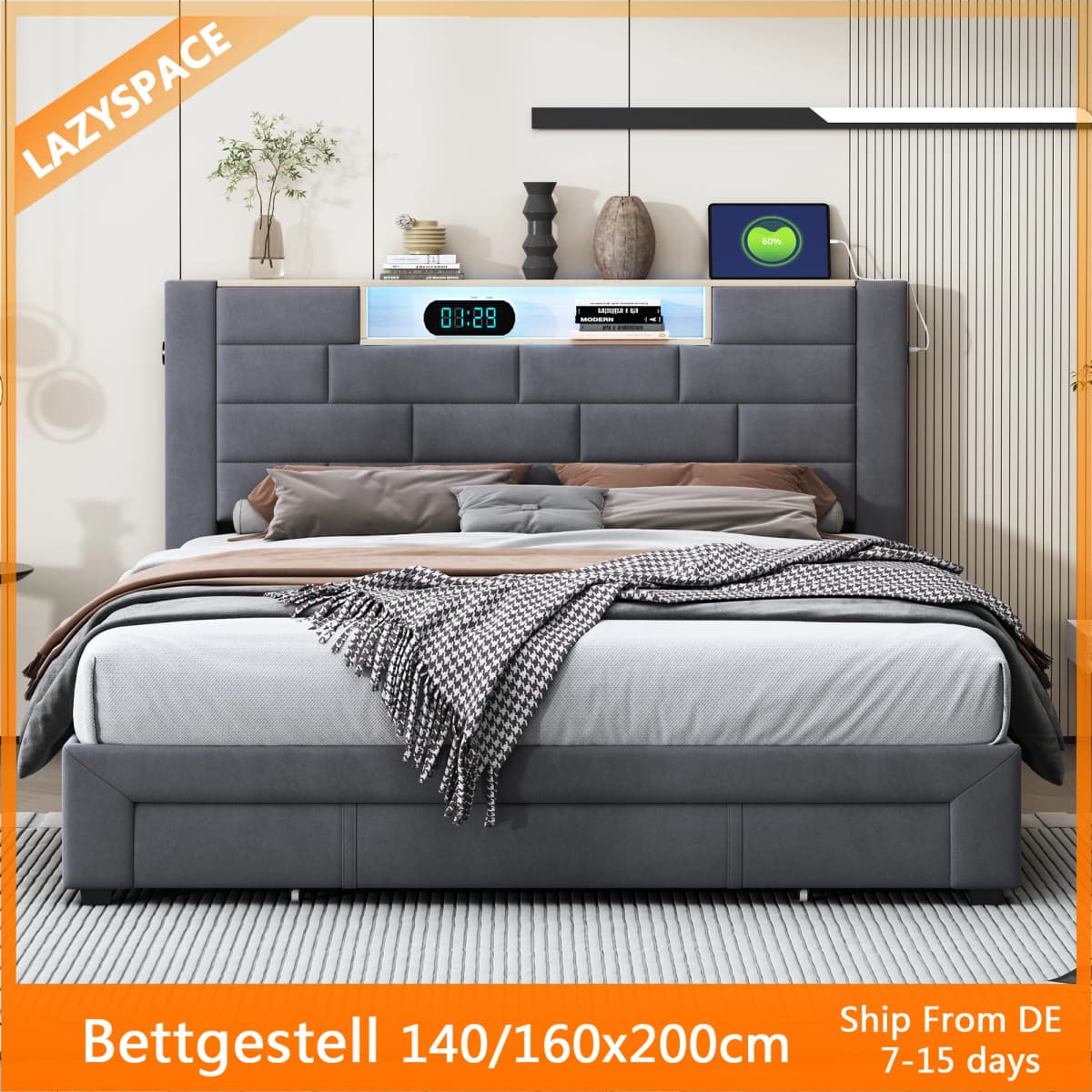 Lazyspace Velvet Double Bed with 3 Storage Drawers,140/160x200cm, Headboard with LED and Charging Port, Wooden Slat Frame