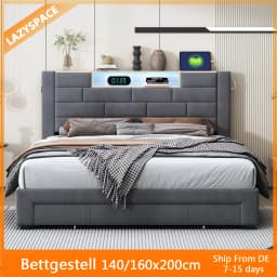 Lazyspace Velvet Double Bed with 3 Storage Drawers,140/160x200cm, Headboard with LED and Charging Port, Wooden Slat Frame