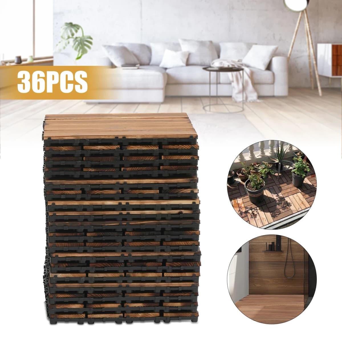 36pcs Acacia Wood Deck Tiles Mosaic Acacia Wood Decking Tiles Hardwood Decking Tiles for Garden Lawn Backyard Brown 30x30 cm