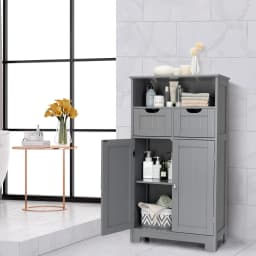 Bathroom Cabinet with 2 Drawers & Doors, Freestanding Bathroom Cabinet with Height-Adjustable Shelf, 60 x 30 x 109 cm, Grey