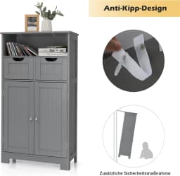 Bathroom Cabinet with 2 Drawers & Doors, Freestanding Bathroom Cabinet with Height-Adjustable Shelf, 60 x 30 x 109 cm, Grey
