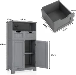 Bathroom Cabinet with 2 Drawers & Doors, Freestanding Bathroom Cabinet with Height-Adjustable Shelf, 60 x 30 x 109 cm, Grey