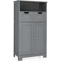 Bathroom Cabinet with 2 Drawers & Doors, Freestanding Bathroom Cabinet with Height-Adjustable Shelf, 60 x 30 x 109 cm, Grey