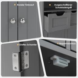 Bathroom Cabinet with 2 Drawers & Doors, Freestanding Bathroom Cabinet with Height-Adjustable Shelf, 60 x 30 x 109 cm, Grey