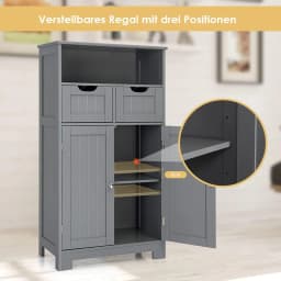 Bathroom Cabinet with 2 Drawers & Doors, Freestanding Bathroom Cabinet with Height-Adjustable Shelf, 60 x 30 x 109 cm, Grey