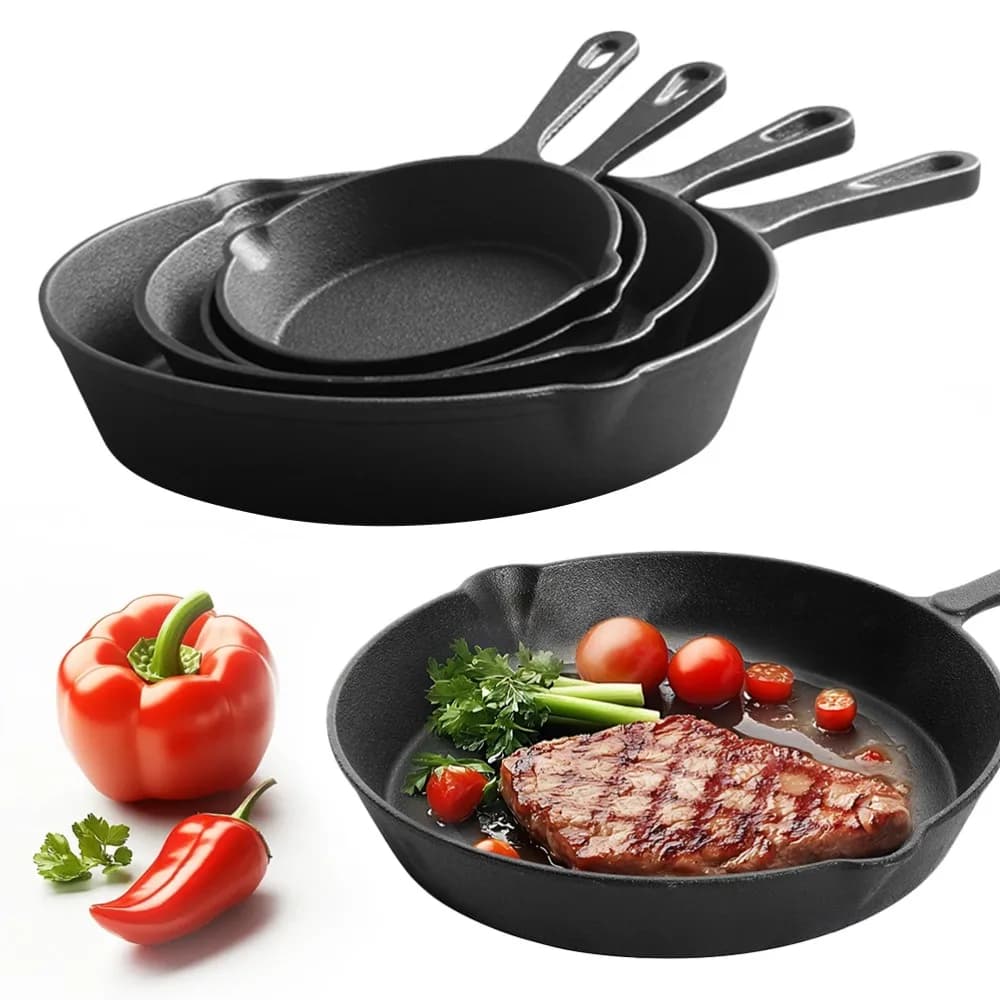Cast Iron Cookware 4pcs Set,uncoated Chefs Pan Pre-Seasoned Frying Pans Safe Rust-Resistant Even Heat Distribution 14/16/20/26cm