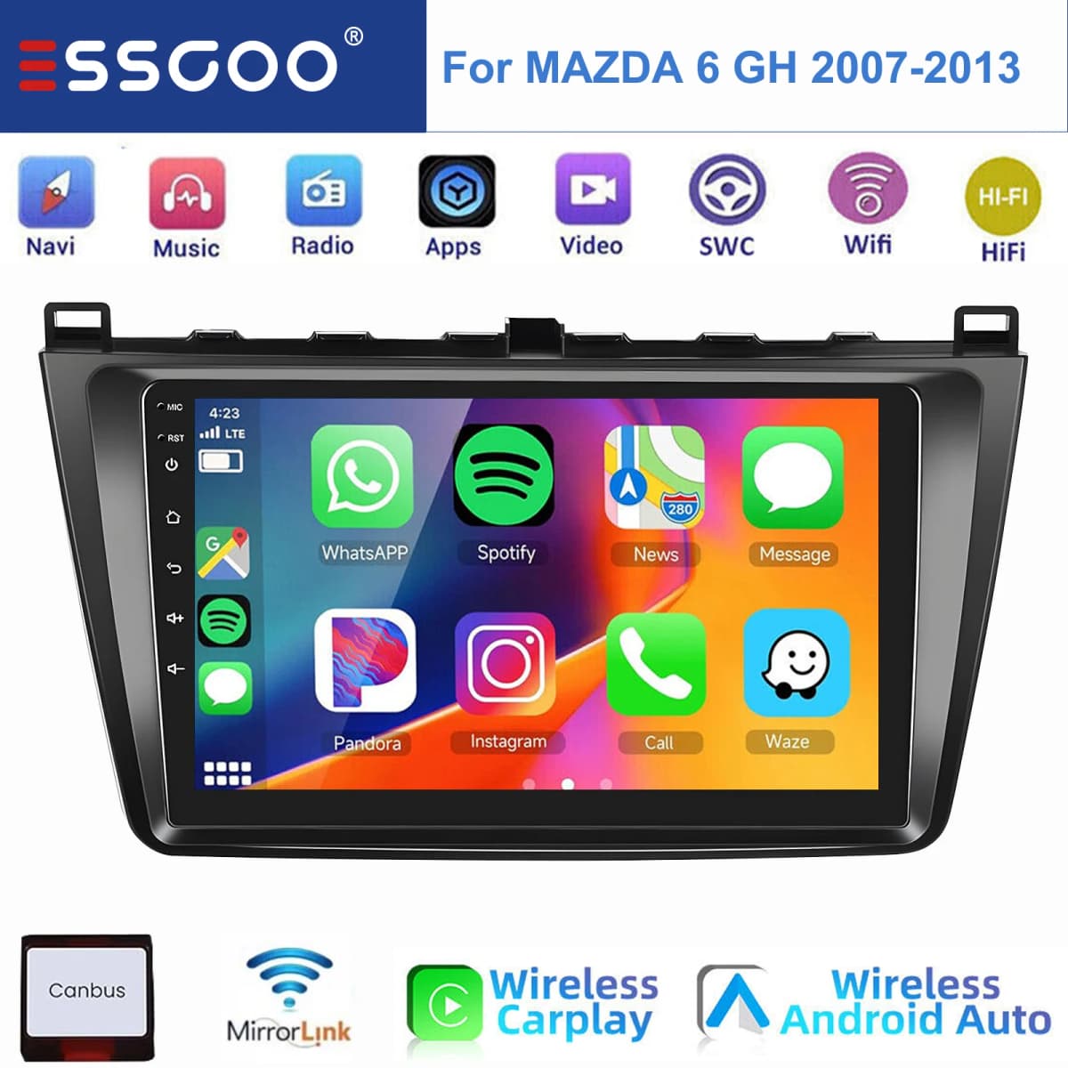 ESSGOO Android 14 or Android 15 For MAZDA 6 GH 2007-2013 9" Apple Carplay Android AUTO Car Stereo Radio GPS NAVI WIFI BT SWC FM