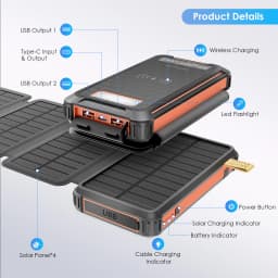 PD 22.5 W Solar Power Bank 26800mAh Fast Solar Charger QC 3.0,3 Outputs,4 Foldable Panels Charges External Battery,Camping Light