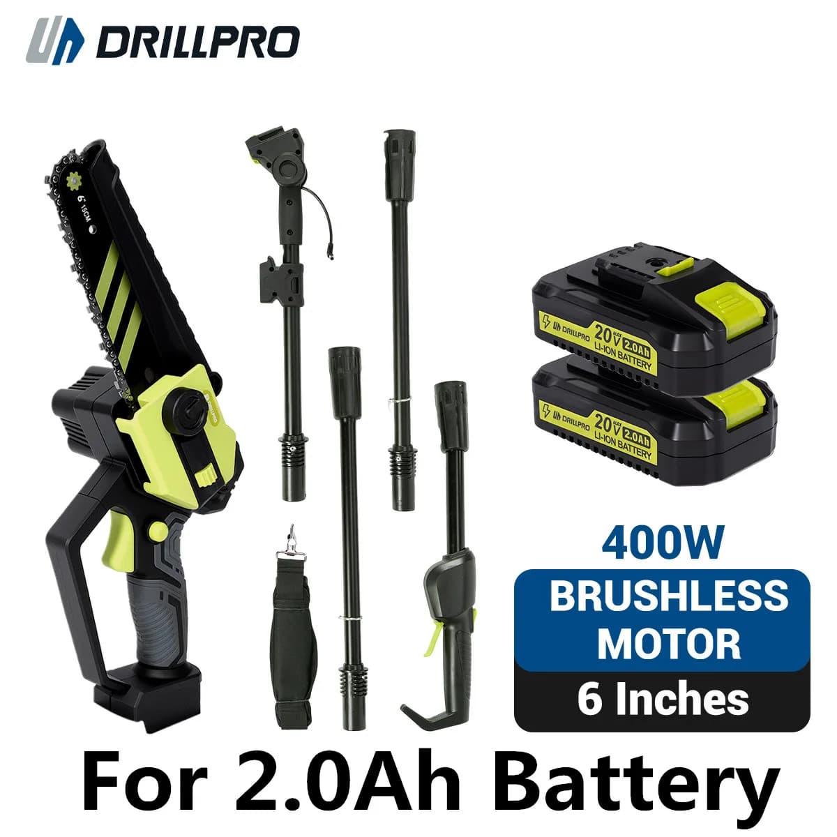 Drillpro 2-IN-1 Cordless Saw Brushless Motor Tree Trimmer 6 Inch Chainsaw with Telescopic Extension Pole for Power Tools
