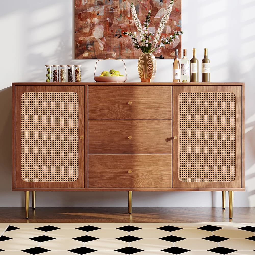 KOMHTOM chest of drawers with 2 doors and 3 drawers, rattan door chest of drawers with push box, Walnut