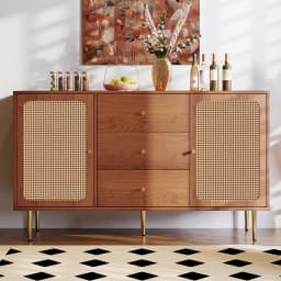 KOMHTOM chest of drawers with 2 doors and 3 drawers, rattan door chest of drawers with push box, Walnut