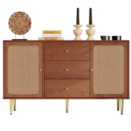 KOMHTOM chest of drawers with 2 doors and 3 drawers, rattan door chest of drawers with push box, Walnut