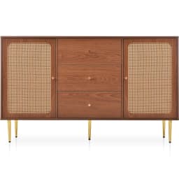 KOMHTOM chest of drawers with 2 doors and 3 drawers, rattan door chest of drawers with push box, Walnut