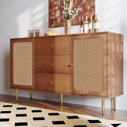 KOMHTOM chest of drawers with 2 doors and 3 drawers, rattan door chest of drawers with push box, Walnut